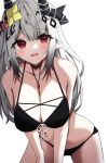  :d absurdres arknights bare_shoulders bikini black_bikini blush breasts cleavage collarbone flower grey_hair hair_ornament highres horns jewelry large_breasts long_hair looking_at_viewer mudrock_(arknights) mudrock_(silent_night)_(arknights) necklace official_alternate_costume open_mouth pointy_ears simple_background smile swimsuit touko_(toko12_tooko) very_long_hair white_background yellow_flower 