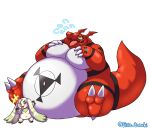  2022 anthro bandai_namco belly big_belly biped bodily_fluids digimon digimon_(species) digital_media_(artwork) duo guilmon hi_res hyper hyper_belly j1110_tanuki male navel nude overweight overweight_anthro overweight_male simple_background sweat sweatdrop terriermon thick_thighs wide_hips 