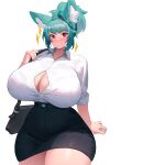  1girl animal_ears bag black_skirt breasts cleavage_cutout clothing_cutout green_hair haru_feng highres huge_breasts looking_at_viewer original red_eyes shirt short_hair shoulder_bag skirt solo tail thick_thighs thighs white_background white_shirt wolf_ears wolf_girl 