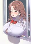  1girl blush bow bowtie breast_rest breasts brown_eyes brown_hair button_gap commentary_request fingernails huge_breasts kaisen_chuui long_hair nail_polish open_mouth original red_bow red_bowtie red_nails shirt solo sweatdrop upper_body white_shirt window 