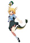  1girl absurdres antlers blonde_hair blue_shirt dragon_girl dragon_horns dragon_tail fumo_(doll) haniyasushin_keiki highres horns kicchou_yachie red_eyes shirt short_hair smile square_neckline tail touhou tsuukinkaisoku_oomiya turtle_shell yellow_horns 