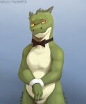  angels_with_scaly_wings anthro bow_tie clothing cuffs_(clothing) dragon green_body hi_res horn looking_at_viewer male scales scalie shido-tara simple_background solo standing yellow_eyes zhong_(angels_with_scaly_wings) 