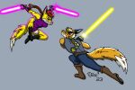  anthro battle canid canine duo female fox humanoid jedi lightsaber low_res male male/female mammal melee_weapon reywoof star_wars tod_(disambiguation) weapon 