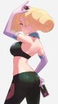  1girl absurdres annie_(pokemon) ass banka_(pixiv21424331) bare_shoulders blonde_hair card collar commission cowboy_shot crop_top dimples_of_venus drill_hair elbow_gloves from_behind gloves halterneck highres holding holding_card holding_poke_ball light_smile lips_print looking_back pants pixiv_commission poke_ball pokemon pokemon_(anime) pokemon_(classic_anime) pokemon_heroes:_latios_&amp;_latias solo standing tight tight_pants twin_drills yellow_eyes 