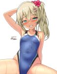  blonde_hair blue_one-piece_swimsuit breasts covered_navel dated grecale_(kancolle) green_eyes grin highleg highleg_swimsuit highres kantai_collection long_hair montemasa multicolored_clothes multicolored_swimsuit official_alternate_hairstyle one-hour_drawing_challenge one-piece_swimsuit side_ponytail simple_background sitting small_breasts smile spread_legs swimsuit twitter_username wet wet_clothes wet_swimsuit white_background 