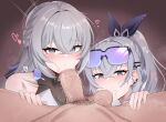  1boy 2girls absurdres breastfeeding bronya_rand earrings erection fellatio ffm_threesome goggles goggles_on_head grey_hair group_sex hair_between_eyes heart highres honkai:_star_rail honkai_(series) jewelry kisa_(leg3043) large_penis long_hair looking_at_viewer male_pubic_hair multiple_girls oral penis ponytail pov pubic_hair silver_wolf_(honkai:_star_rail) stray_pubic_hair testicles threesome veins veiny_penis 