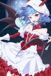  1girl alternate_costume bare_shoulders bat_wings blue_hair commission fangs full_moon fur_trim heart highres looking_at_viewer mizoreshi moon open_mouth outdoors pointy_ears red_eyes remilia_scarlet short_hair smile solo touhou white_headwear wings 
