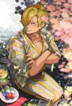  absurdres blonde_hair cherry_blossoms cigarette curly_eyebrows dango food hair_over_one_eye highres male_focus mygiorni one_piece sanji_(one_piece) smoking straw_hat_pirates wagashi 