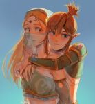  1boy 1girl arabian_clothes bare_shoulders blonde_hair blue_background blue_eyes breasts closed_mouth cosplay desert_voe_set_(zelda) frown gerudo_set_(zelda) gradient_background green_eyes highres hug hug_from_behind jewelry link link_(cosplay) long_hair looking_at_another looking_at_viewer mouth_veil open_mouth pointy_ears princess_zelda psp26958748 ring shoulder_plates small_breasts the_legend_of_zelda the_legend_of_zelda:_breath_of_the_wild upper_body veil 