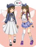  2girls adapted_costume arm_at_side arms_at_sides asymmetrical_legwear backpack bag bandaid bandaid_on_knee bandaid_on_leg beret big_mouse blue_bow blue_skirt blunt_bangs book bow breasts brown_eyes brown_hair candy cellphone closed_mouth collarbone commentary_request dress dual_persona fairy_wings flat_chest food frills full_body hair_bow half-closed_eyes hat heart highres holding holding_book holding_candy holding_food holding_lollipop holding_phone lollipop long_hair looking_at_viewer mary_janes medium_breasts midriff mismatched_legwear multiple_girls navel outline petite phone pink_background pleated_skirt polka_dot polka_dot_background purple_footwear scrunchie shoes short_sleeves simple_background single_bare_arm skirt smartphone smile spoken_heart standing star_(symbol) star_print star_sapphire thighhighs touhou white_background white_dress white_outline white_thighhighs wings wrist_scrunchie 