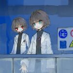  2others alternate_costume androgynous black_shirt blue_background blue_eyes bow brown_hair buttons chinese_commentary coat coattails commentary_request dual_persona eye_of_senri highres indoors kuzu_suzumi lab_coat laboratory len&#039;en long_sleeves looking_ahead looking_at_another multiple_others open_mouth other_focus outstretched_hand ph_keiku pocket purple_bow red_eyes shirt short_hair sign smile turtleneck warning_sign white_coat window 