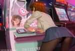  1girl arcade_cabinet bent_over black_panties blue_skirt blush breasts brooke_(mathias_leth) brown_hair brown_pantyhose controller cowboy_shot crane_game fingernails joystick long_sleeves mathias_leth medium_breasts miniskirt original panties panties_under_pantyhose pantyhose pantyshot pink_nails pleated_skirt reflection skirt tongue tongue_out underwear upskirt 