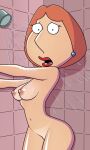  breasts completely_nude earrings family_guy highres jewelry lipstick lois_griffin makeup mature_female nipples non-web_source nude orange_hair scared shaved_body showering small_breasts solo tan tanlines water 