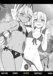  2girls animal_ears bare_shoulders beach bikini blush braid breasts cat_ears cellphone_picture chloe_von_einzbern chloe_von_einzbern_(swimsuit_avenger) collarbone dark-skinned_female dark_skin double_bun fake_animal_ears fate/grand_order fate_(series) greyscale hair_between_eyes hair_bun hair_ribbon hairband highres illyasviel_von_einzbern illyasviel_von_einzbern_(swimsuit_archer) long_hair looking_at_viewer low_twin_braids monochrome multiple_girls navel one_eye_closed ribbon selfie sidelocks small_breasts smile swimsuit thighs twin_braids v zenrakishi 