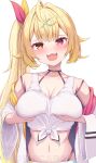  1girl bare_shoulders blonde_hair breasts choker fang grabbing_own_breast hair_ornament hair_ribbon heterochromia highres hoshikawa_sara jacket large_breasts long_hair looking_at_viewer midriff navel nijisanji open_mouth red_eyes ribbon side_ponytail skin_fang solo suicabar72 virtual_youtuber wide_sleeves x_hair_ornament yellow_eyes 