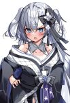  1girl :o absurdres black_kimono blush collarbone grey_eyes grey_hair hand_on_own_hip highres hololive hololive_indonesia japanese_clothes kimono long_hair long_sleeves shiroi_ou solo tsundere two_side_up upper_body vestia_zeta vestia_zeta_(2nd_costume) virtual_youtuber wide_sleeves 