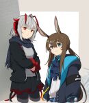  2girls ahoge amiya_(arknights) animal_ears antenna_hair arknights black_jacket black_pantyhose black_skirt blue_coat blue_eyes breasts brown_hair choker closed_mouth coat crossed_arms grey_hair grey_shirt highres hooded_coat jacket long_hair long_sleeves looking_at_viewer low_ponytail multiple_girls open_clothes open_coat pantyhose rabbit_ears red_eyes scarf shirt short_hair skirt small_breasts smile tail upper_body w_(arknights) white_shirt yano_(edbr1022) 