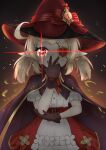  1girl :d absurdres ahoge backlighting black_cape black_gloves black_headwear blonde_hair bow cape commentary_request cosplay eyepatch feiyyx genshin_impact gloves hand_to_own_mouth hat hat_bow highres klee_(genshin_impact) kono_subarashii_sekai_ni_shukufuku_wo! looking_at_viewer low_twintails megumin megumin_(cosplay) pointy_ears puffy_short_sleeves puffy_sleeves red_bow red_eyes red_headwear red_skirt round_teeth shirt short_sleeves skirt smile solo striped striped_bow teeth thick_eyebrows twintails upper_teeth_only v-shaped_eyebrows white_shirt witch_hat 