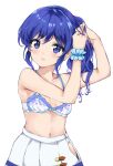  1girl absurdres adjusting_hair aikatsu! aikatsu!_(series) arms_up bare_arms bare_shoulders blue_bow blue_eyes blue_hair bow bow_bra bra breasts collarbone cowboy_shot expressionless eyelashes floral_print hair_between_eyes hand_in_own_hair highres kawahara_natsuki kiriya_aoi lace-trimmed_bra lace_trim light_blush long_hair multicolored_clothes navel no_shirt open_mouth pleated_skirt side_ponytail sidelocks skirt small_breasts solo swept_bangs teeth underwear upper_teeth_only wavy_hair white_background white_bra white_skirt wristband 