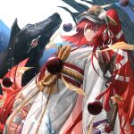  1girl dog fate/grand_order fate_(series) full_moon holding holding_sword holding_weapon japanese_clothes kimono kyokutei_bakin_(fate) long_hair moon orb ponytail red_eyes red_hair shoori_(migiha) sword very_long_hair weapon white_kimono 