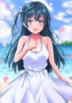  1girl absurdres black_hair blue_sky blush breasts cleavage cloud cloudy_sky collarbone commentary dress falling_petals grey_eyes hand_on_own_chest highres long_hair looking_at_viewer love_live! love_live!_nijigasaki_high_school_idol_club medium_breasts meimaru ocean one_side_up petals sky smile solo upper_body white_dress yuuki_setsuna_(love_live!) 