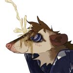  american_opossum anthro bodily_fluids clothing genital_fluids guncht male mammal marsupial peeing_on_face rubber rubber_clothing rubber_suit smile solo telegram_sticker urine urine_on_face watersports 