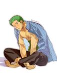  1boy bara bare_pectorals barefoot black_pants blue_shirt blush closed_mouth dark-skinned_male dark_skin earrings full_body green_hair haramaki highres hunched_over jewelry long_sleeves looking_at_another male_focus muscular muscular_male nipples one_piece pants pectorals roronoa_zoro scar scar_on_chest shirt shirt_partially_removed short_hair sideburns simple_background sitting solo stitched_leg stitches striped striped_shirt sweetdou3 unbuttoned unbuttoned_shirt white_background 