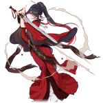  1girl black_hair blood blood_on_weapon chinese_clothes full_body hair_over_one_eye holding holding_sword holding_weapon honkai_(series) honkai_impact_3rd lier_(honkai_impact) long_hair multicolored_hair official_art ponytail red_eyes red_hair sword third-party_source transparent_background two-tone_hair weapon 