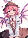  1girl 999_(hansode) animal_ears bird_ears bird_wings blush brown_dress brown_headwear collared_shirt dress frilled_dress frills hair_between_eyes hat long_sleeves looking_at_viewer mystia_lorelei open_mouth pink_eyes pink_hair pixel_art shirt short_hair simple_background sleeve_garter smile solo touhou white_background white_shirt white_wings winged_hat wings 