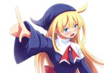  1girl blonde_hair blue_dress blue_eyes blue_headwear blush dress hat highres index_finger_raised long_hair long_sleeves looking_at_viewer minamonochaba open_mouth puyopuyo solo teeth upper_body white_background witch witch_(puyopuyo) 
