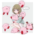  ... 1girl 6+others :t blush closed_mouth double_bun drooling food full_body green_eyes green_hair hair_bun hair_ornament hairclip highres holding holding_food holding_vegetable idolmaster idolmaster_shiny_colors kirby kirby_(series) long_sleeves looking_at_viewer maxim_tomato multicolored_shirt multiple_others nanakusa_nichika nazuso object_hug object_on_head open_mouth shoes short_hair simple_background skirt sleeping sneakers sonoda_chiyoko sparkle speech_bubble squatting sweatdrop twintails v-shaped_eyebrows vegetable white_skirt 