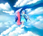  1girl blue_eyes blue_hair blue_sky cloud commentary full_body geta heterochromia highres holding holding_umbrella looking_at_viewer outdoors purple_umbrella red_eyes short_hair sky solo tatara_kogasa tongue touhou umbrella yoirone 