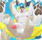  2023 abs anthro balls biceps big_balls big_muscles big_penis butt canid canine canis claws clothing cute_expression epic_games erection eyebrows feet fingerless_gloves foreskin fortnite fur genitals gloves grandall_(artist) handwear hat headgear headwear hi_res humanoid_genitalia humanoid_penis legs_up lying male mammal muscular muscular_anthro muscular_male navel nipples nude on_back open_mouth open_smile pawpads pecs penis presenting sex_swing signature simple_background smile soles solo spread_legs spreading teeth tongue tongue_out tuft vein wendell_(fortnite) wolf 