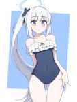  absurdres bare_shoulders blue_archive halo highres looking_at_viewer mangyu0111 miyako_(blue_archive) miyako_(swimsuit)_(blue_archive) official_alternate_costume one-piece_swimsuit ponytail purple_eyes swimsuit thighs white_background white_hair 