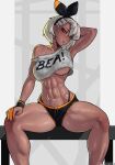  1girl abs absurdres arm_behind_head armpits bare_shoulders bea_(pokemon) bench black_hairband black_panties black_shorts blue_eyes bow_hairband breasts character_name covered_nipples crop_top crop_top_overhang dark-skinned_female dark_skin grey_hair hair_between_eyes hairband hand_on_own_knee highleg highleg_panties highres large_breasts looking_at_viewer navel off_shoulder panties pokemon short_hair short_shorts shorts sitting solo stomach stopu sweat tank_top thick_thighs thighs underboob underwear white_tank_top 