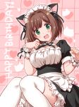  1girl animal_ears apron artist_name black_dress black_ribbon blush bow breasts brown_hair cat cat_ears cleavage collarbone detached_collar dot_nose dress fake_animal_ears fang frilled_apron frilled_dress frills green_eyes hair_ribbon hands_up happy_birthday heart heart_background idolmaster idolmaster_cinderella_girls idolmaster_cinderella_girls_starlight_stage knees_together_feet_apart knees_up looking_at_viewer maekawa_miku medium_breasts neck_ribbon open_mouth paw_pose pink_background ribbon ruo_(cruzada) scrunchie short_hair signature silhouette sitting smile solo thighhighs waist_apron waist_bow white_apron white_bow white_headdress white_scrunchie white_thighhighs wrist_scrunchie zettai_ryouiki 