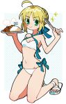  1girl absurdres ahoge artoria_pendragon_(fate) artoria_pendragon_(swimsuit_archer)_(fate) artoria_pendragon_(swimsuit_archer)_(first_ascension)_(fate) barefoot_sandals bikini blonde_hair blue_background blue_bow blue_ribbon blush_stickers border bow braid braided_bun breasts closed_mouth criss-cross_halter curry curry_rice dorsiflexion fate/grand_order fate_(series) food full_body gladiator_sandals green_eyes hair_bun hair_ribbon halterneck hands_up highres holding holding_plate holding_spoon index_finger_raised kneeling looking_at_viewer medium_breasts mini_flag outside_border plate ribbon rice sandals short_hair side-tie_bikini_bottom sidelocks single_blush_sticker single_hair_bun smile solo sparkle spoon steam striped striped_background swimsuit two-tone_background uotsu_(sabakou) v-shaped_eyebrows w_arms white_background white_bikini white_border 