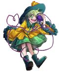  1girl boots eyeball frills full_body green_eyes green_footwear green_hair hat hat_ribbon heart heart_of_string highres komeiji_koishi long_sleeves looking_at_viewer open_mouth ribbon shirt short_hair simple_background skirt smile solo tapirsono third_eye touhou wide_sleeves yellow_shirt 