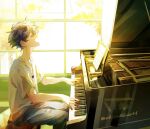  1boy highres indie_virtual_youtuber instrument ksnagare looking_at_viewer male_focus music playing_instrument playing_piano purple_hair shirt short_hair shoto_(vtuber) t-shirt virtual_youtuber white_shirt 