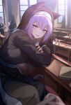  3girls animal_ears book candle cat_ears cat_girl cat_tail chair church highres holding holding_book hololive looking_at_viewer miyabino_(miyabi1616) multiple_girls nekomata_okayu nun purple_eyes purple_hair short_hair sitting smile solo_focus table tail virtual_youtuber 