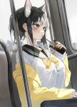  1girl absurdres animal_ear_fluff animal_ears animal_ears_(norankkori) bags_under_eyes black_hair black_sailor_collar bow breasts building cat_ears cup drinking drinking_straw fingernails highres holding holding_cup iced_coffee jacket original sailor_collar sitting solo window yellow_bow yellow_eyes yellow_jacket 