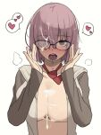  1girl adjusting_eyewear after_ejaculation blush breasts cum cum_on_body cum_on_breasts cum_on_eyewear cum_on_hair drooling facial fate/grand_order fate_(series) glasses grey_hoodie hair_over_one_eye heart highres hood hoodie in_heat large_breasts looking_at_viewer mash_kyrielight necktie nose_blush open_clothes open_hoodie open_mouth purple_eyes purple_hair red_necktie reona_(mesuinupoke) short_hair simple_background solo spoken_heart steaming_body tongue upper_body white_background white_hoodie 