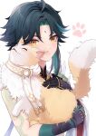  1boy aether_(genshin_impact) animalization arm_tattoo bead_necklace beads black_hair cat closed_mouth facial_mark genshin_impact gloves green_gloves green_hair highres jewelry male_focus multicolored_hair necklace nm_(u_ci2) tattoo xiao_(genshin_impact) yellow_eyes yellow_fur 