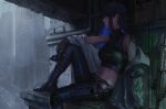  1girl bare_shoulders belt blue_archive breasts chest_harness crop_top from_side gun harness hat jacket luxearte mask midriff open_clothes open_jacket rifle saori_(blue_archive) sitting solo weapon 