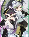  2girls ;d absurdres bare_shoulders black_dress black_footwear black_gloves black_pantyhose blush boots callie_(splatoon) coat cousins cross-shaped_pupils dress earrings fangs gloves grey_coat grey_hair highres hikimayu holding holding_umbrella invisible_chair jewelry knee_up long_hair looking_at_viewer marie_(splatoon) mole mole_under_eye multiple_girls oil-paper_umbrella one_eye_closed open_mouth pantyhose pointy_ears short_dress short_hair sitting smile splatoon_(series) splatoon_3 strapless strapless_dress symbol-shaped_pupils tatedano_kabae tentacle_hair thick_eyebrows umbrella white_pantyhose yellow_eyes 