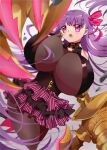  1girl bare_shoulders belt_collar blush bouncing_breasts breasts claw_(weapon) claws collar fate/extra fate/extra_ccc fate/grand_order fate_(series) gigantic_breasts hair_ribbon highres long_hair looking_at_viewer o-ring o-ring_top open_mouth passionlip_(fate) pink_eyes pink_ribbon purple_hair ribbon solo toyosu unaligned_breasts very_long_hair weapon 