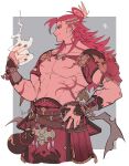  1boy b_exjo2 belt blonde_hair closed_mouth fire gourd granblue_fantasy hand_on_own_hip long_hair looking_at_viewer male_focus multicolored_hair muscular muscular_male nail_polish red_eyes red_hair smile solo wilnas_(granblue_fantasy) 