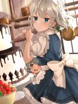  2girls apron blue_dress blue_eyes blue_hair braid cake day dress food fruit frying_pan grey_hair hat highres indoors izayoi_sakuya kitchen maid_apron maid_headdress medium_hair mob_cap multiple_girls puffy_short_sleeves puffy_sleeves red_eyes remilia_scarlet short_sleeves smile strawberry striped striped_dress thighhighs touhou twin_braids waist_apron wheat_retzel white_apron window 