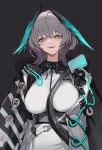  1girl aqua_eyes arknights bags_under_eyes black_background breasts dress grey_hair head_wings highres ho&#039;olheyak_(arknights) jason_kim large_breasts long_sleeves looking_at_viewer open_clothes revision short_hair simple_background smile solo tail white_dress wings 