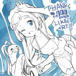  1girl ;d altaria aqua_background aqua_eyes arm_up bare_arms blunt_bangs blush breasts eyelashes highres kinocopro lillie_(pokemon) long_hair looking_at_viewer milestone_celebration navel one_eye_closed open_mouth pokemon pokemon_(anime) pokemon_(creature) pokemon_sm_(anime) smile swimsuit thank_you wading water wet 